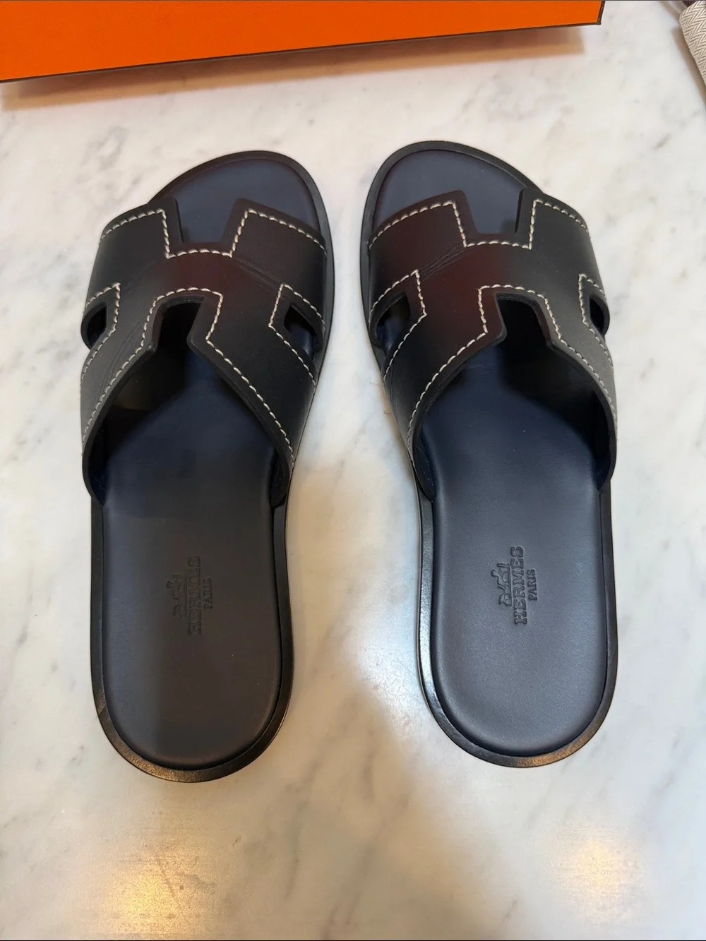 Hermes Men’s Navy Izmir Leather Slide Sandals